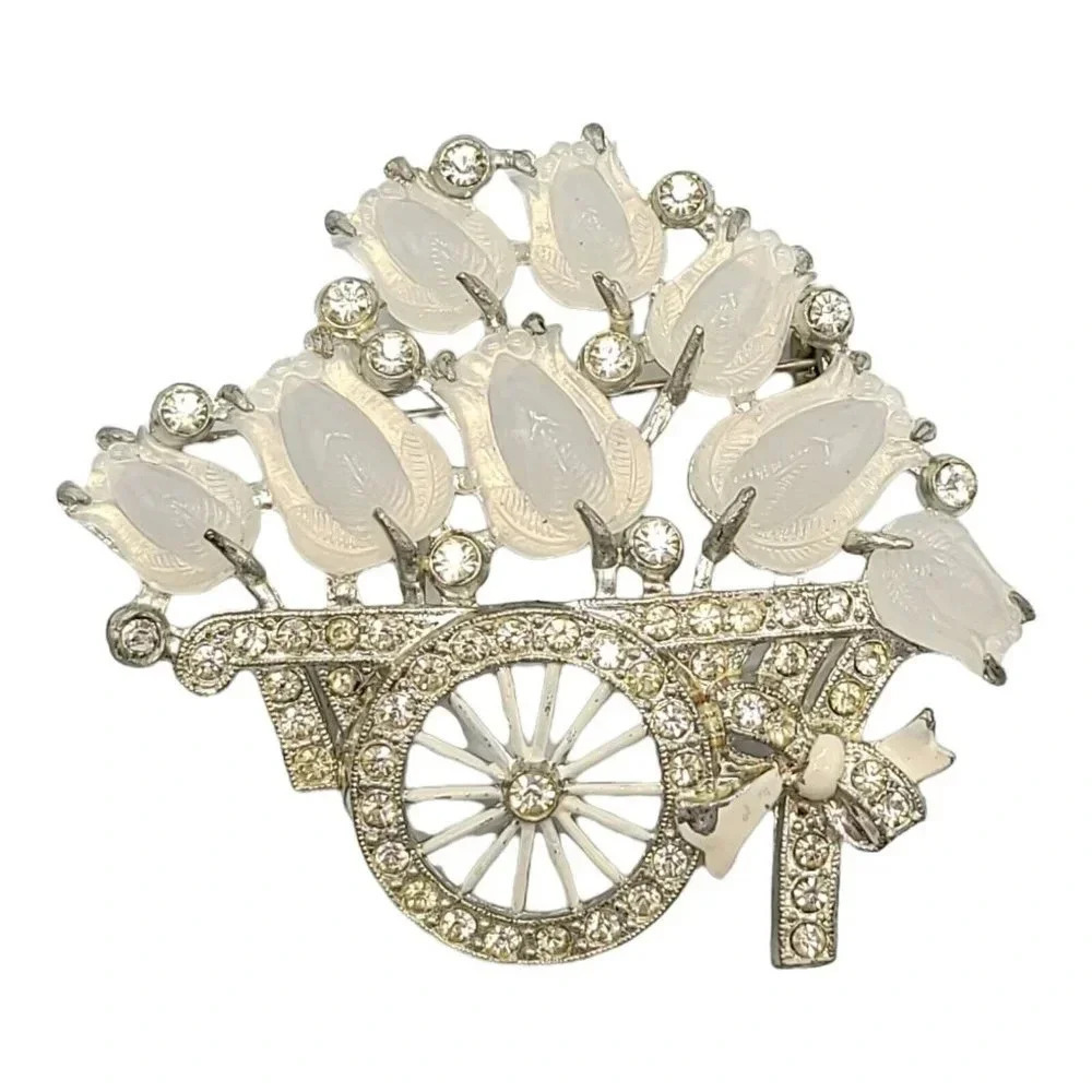 Pave White Enamel Moonstone Fruit Salad Flower Basket Cart Wheelbarrow Bow Pin